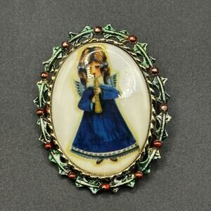 Vintage Transferware Christmas Angel Brooch Pin Enamel Holly